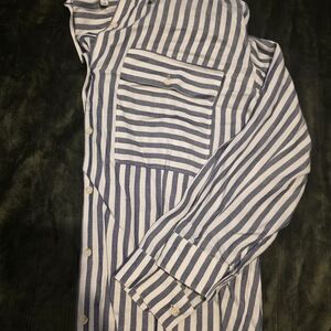 Grace & Lace Navy and White Striped Women's Button Down Shirt